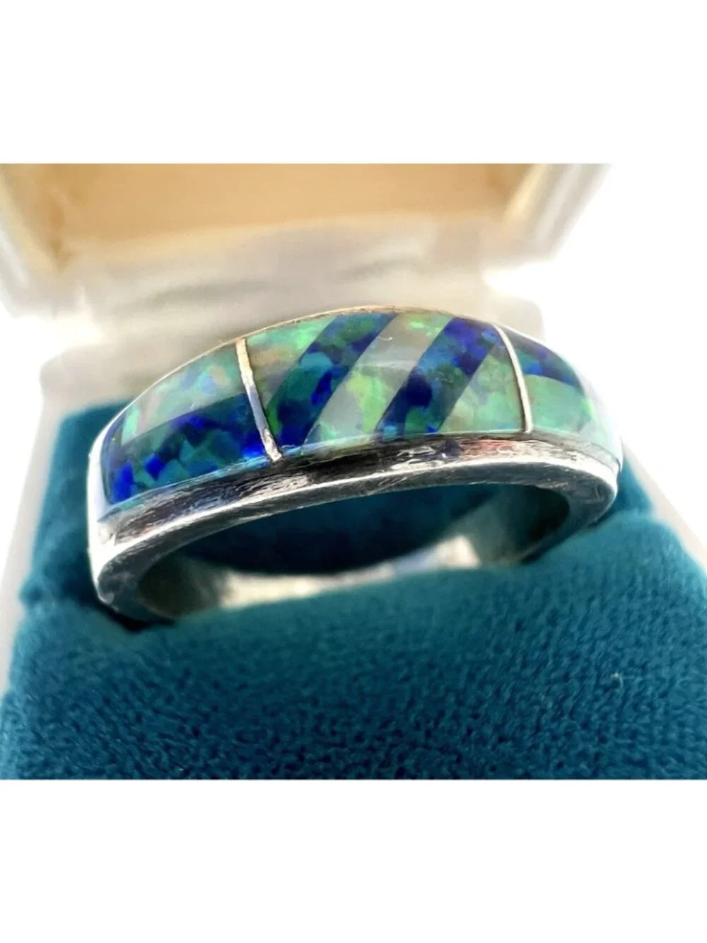 Vintage Sterling Silver & Blue Opal Inlay Ring Size - Picture 3 of 10